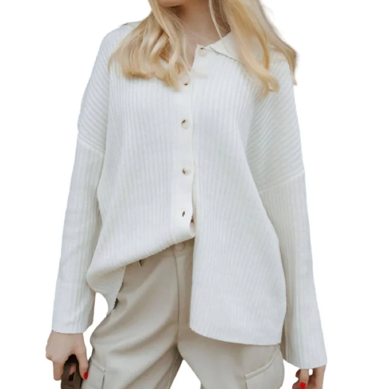 Button Up Ribbed Sweater In Ivory