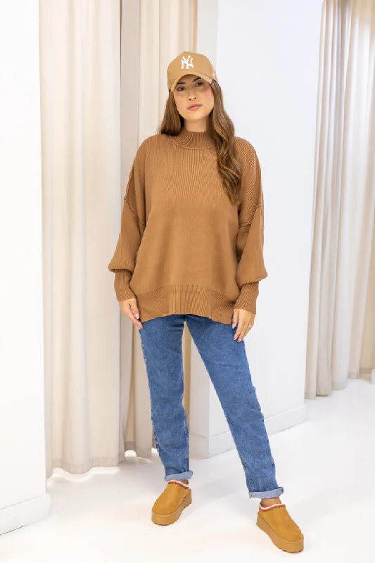 NEW WILLOW SIDE SLIT OVERSIZED CREW SWEATER (TAN) | RESTOCK