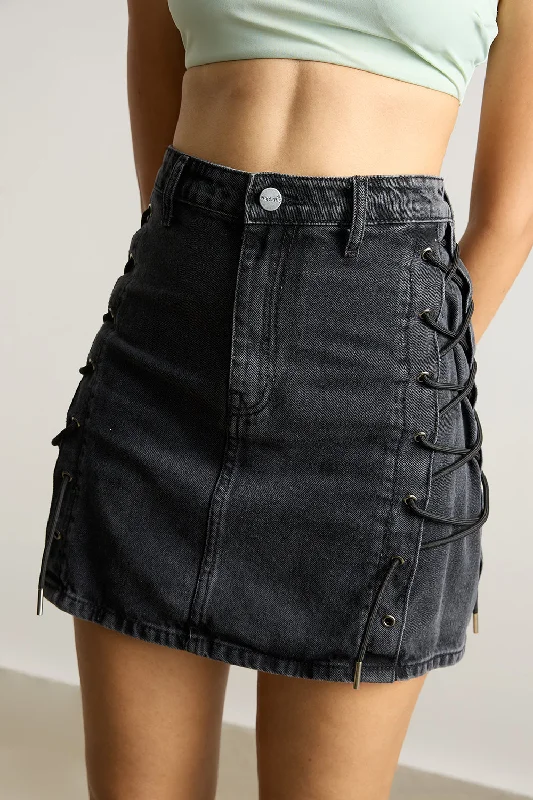 High Waisted Denim Skirt- Charcoal