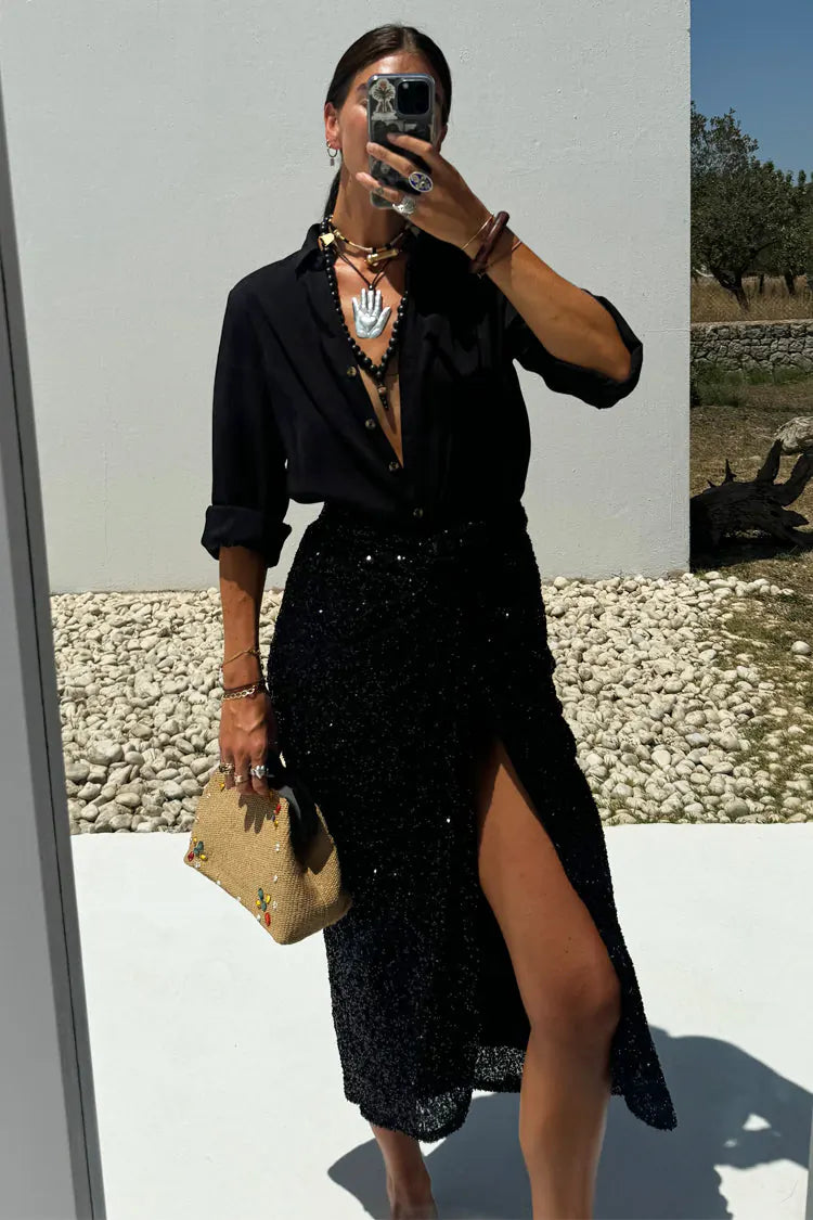 Sequin Maxi Wrap Jaspre Skirt (Black)