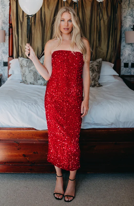 The Clarette Strapless Sequin Midi Dress (Red)