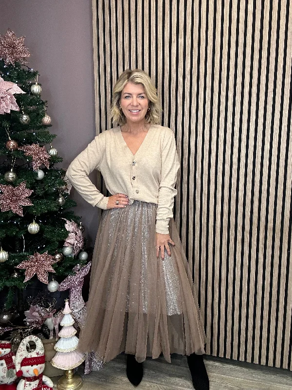 Tiana Tulle Skirt (Taupe/Silver)