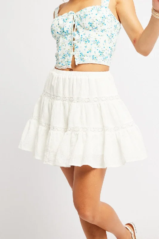 White Skater Skirt Tiered High Rise Mini Lace Insert