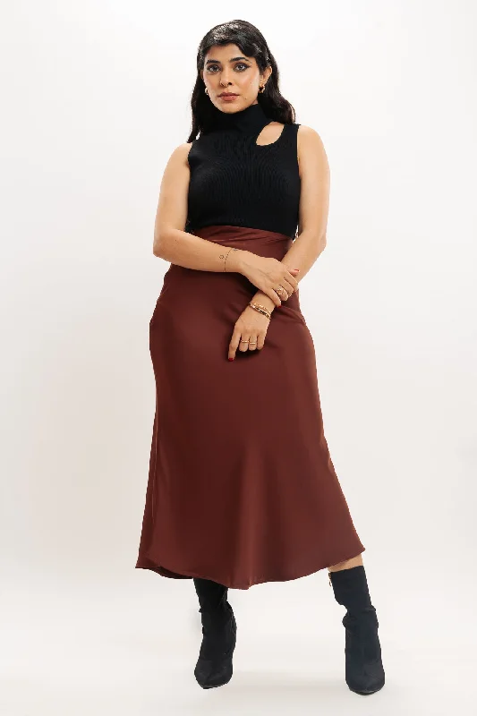 Rust Brown Satin Long Skirt