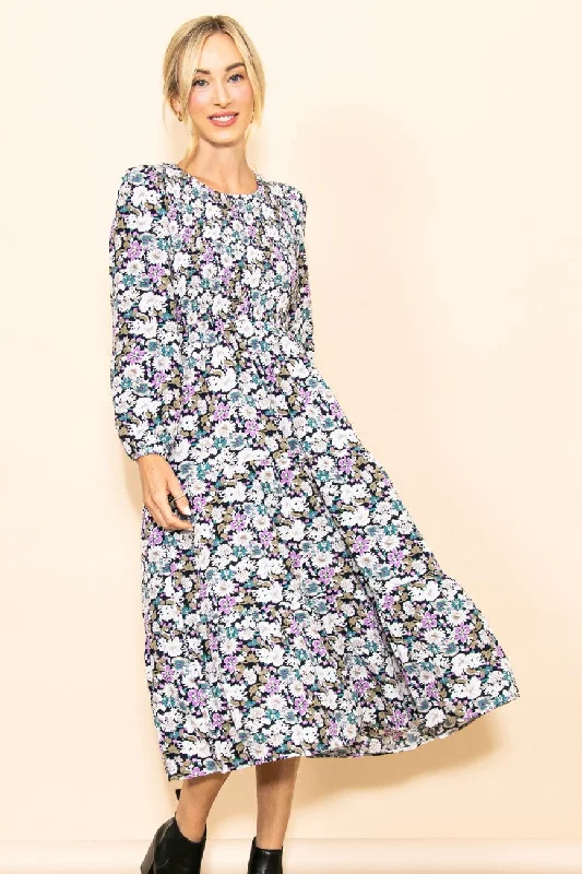 Black Floral Smocked Tiered Midi Dress