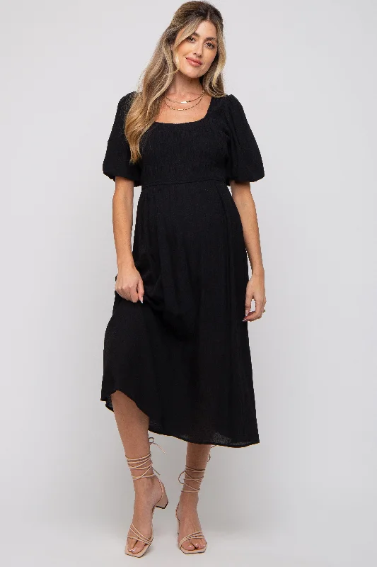 Black Square Neck Maternity Midi Dress