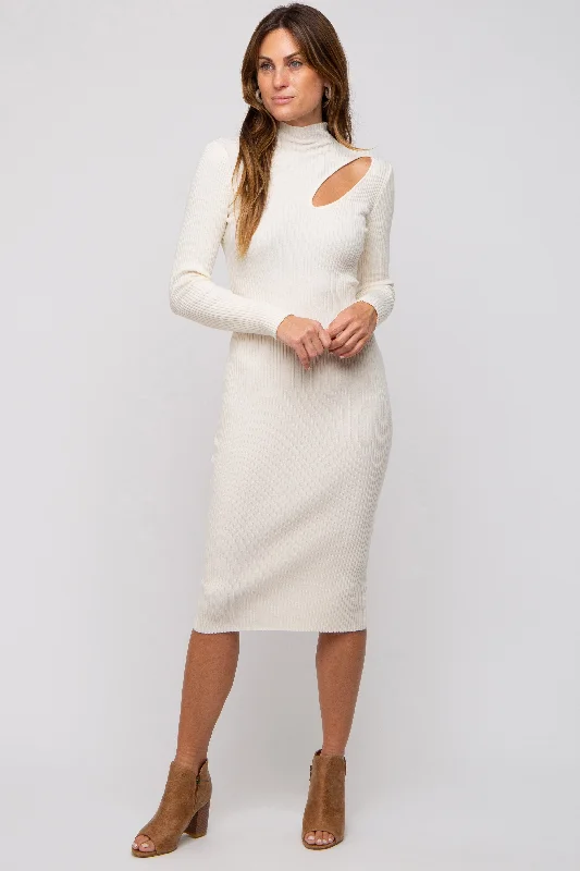 Cream Cutout Fitted Knit Dress