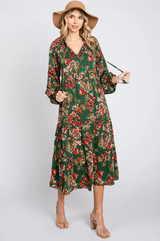 Forest Green Floral Ruffle Neck Tiered Midi Dress