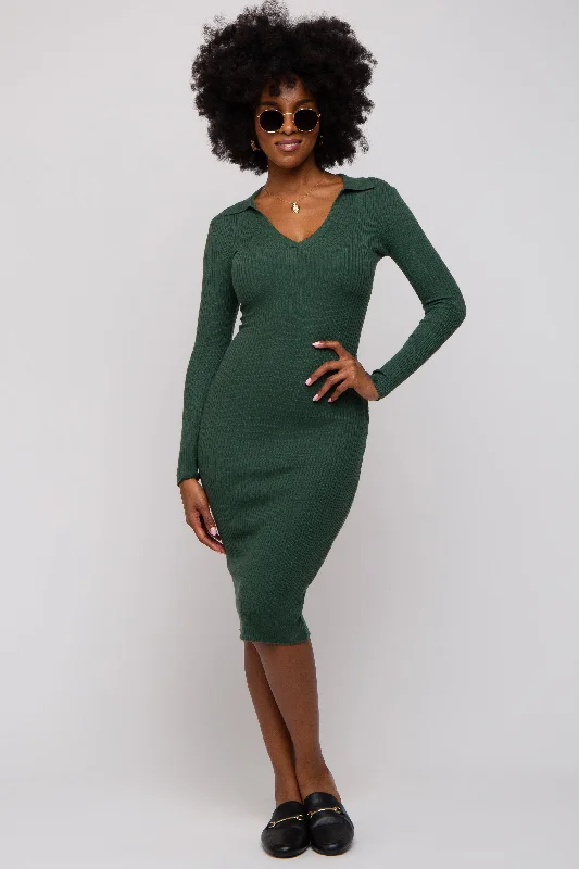 Forest Green Ribbed Knit Fitted Dress