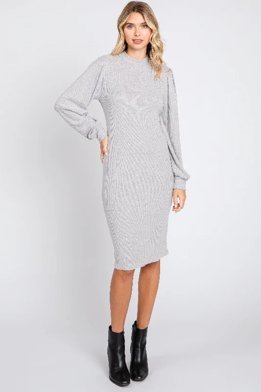 Heather Grey Ribbed Long Sleeve Mock Neck Dress