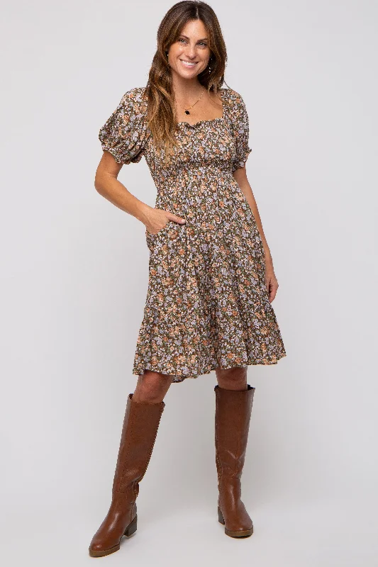 Mocha Floral Smocked Square Neck Short Sleeve Dress