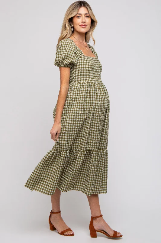 Olive Gingham Smocked Maternity Midi Dress