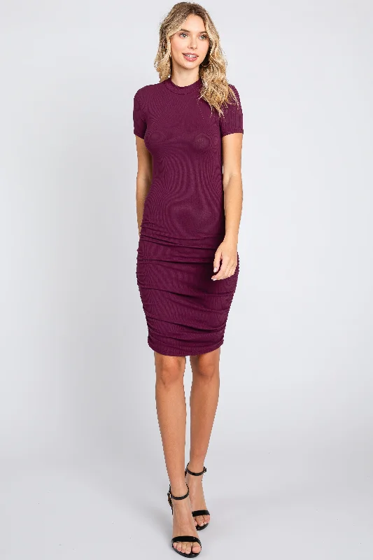 Plum Ribbed Ruched Short Sleeve Dress