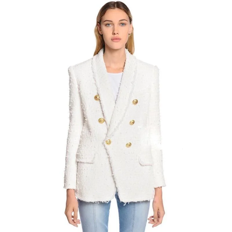 Shawl Collar Tweed Blazer Women - Casual - Plain-Solid