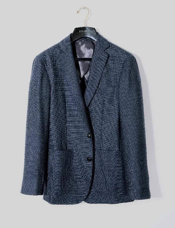 BKT35 Unstructured Jacket in Brushed Wool Microgrid - Navy